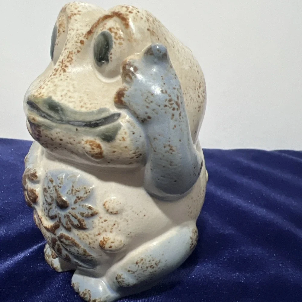 Frog COIN Bank Pottery Flower Glazed Art VINTAGE piggy bank 4.5